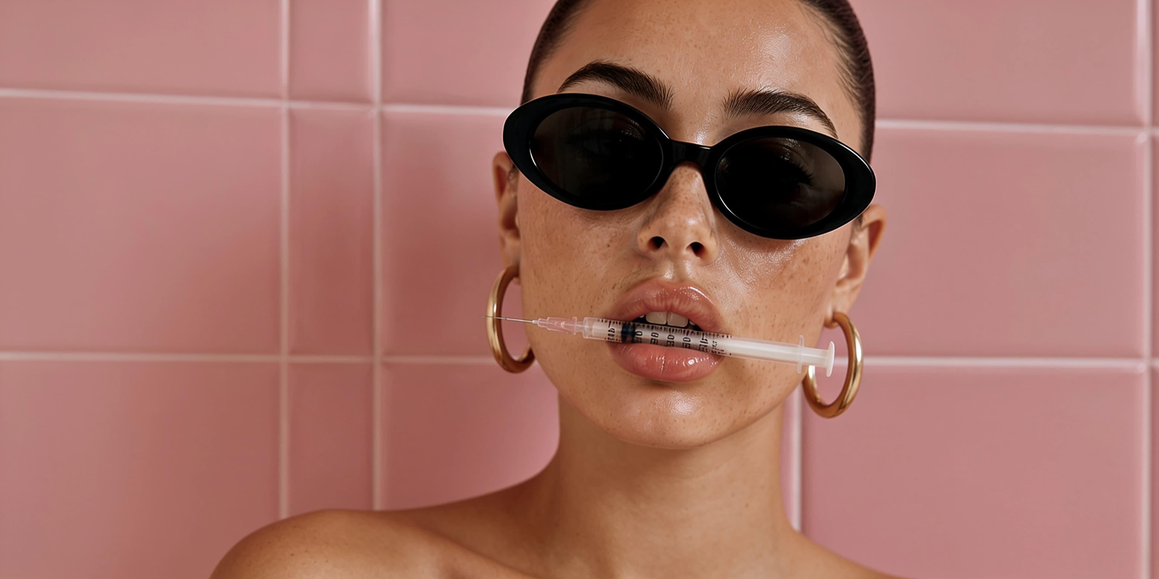 Model in oval sunglasses and gold hoop earrings holding a peptide syringe between her lips, against a pink tiled wall